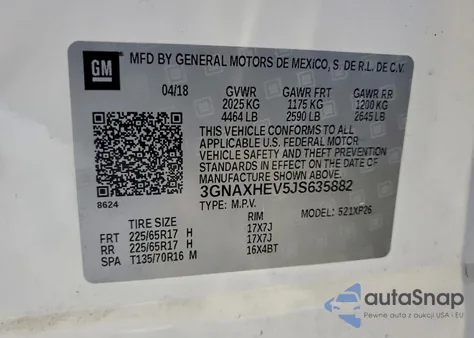 2018 Chevrolet Equinox Ls z USA, uszkodzony, nr VIN 3GNAXHEV5JS635882